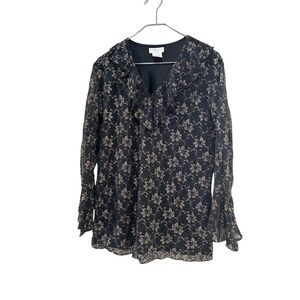 Worthington Woman Black Gold Floral Lace Ruffle V Neck Long Sleeve Tunic Top 1X